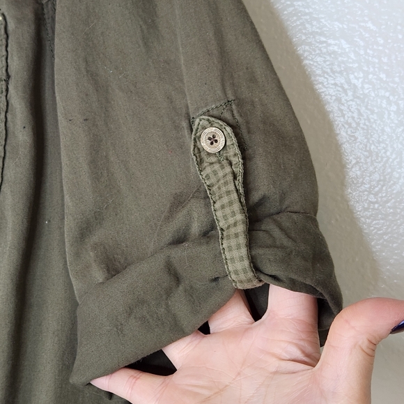 Decree Army Green Utility Button Up Zip Pockets Roll Tab Sleeve Top Size XXL - Picture 4 of 9